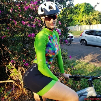 Женская Зеленая Мода С Длинным Рукавом Велоспорт Триатлон Skinsuit Наборы 2023 Conjunto Feminino Ciclismo 20D Pad Little Monkey Summer