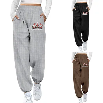 Женские однотонные клетчатые брюки с принтом Санта Клауса, манжеты и накладки для тренировок, спортивные штаны, женская рабочая одежда с карманами