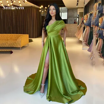 Вечерние платья трапециевидной формы цвета авокадо зеленого цвета Smileven, платья для выпускного вечера на одно плечо, коктейльное платье со складками и разрезом по бокам.