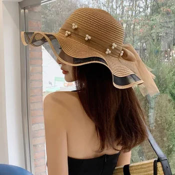 Новый корейский стиль, женская соломенная марлевая шляпа с бантом и широкими полями, солнцезащитный козырек для выхода знаменитостей, модная шляпа для пляжного отдыха, ледниковая шляпа