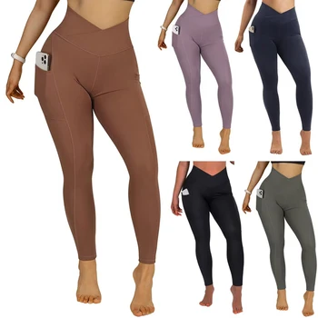 Женские расклешенные брюки Yogo с карманами-Леггинсы для йоги с V-образным вырезом и высокой талией-Расклешенные леггинсы для тренировок в тренажерном зале