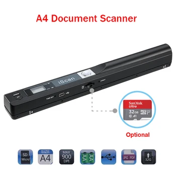 iScan Портативный Ручной Сканер документов Фотосканер Книжный сканер формата A4 900 точек на дюйм USB2.0 ЖК-дисплей Поддерживает формат JPG PDF с 32G