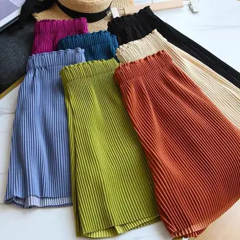 Летние женские брюки Ice Silk, однотонные плиссированные шорты с эластичной резинкой на талии, свободные, повседневные, простые и удобные для ношения дома и на улице
