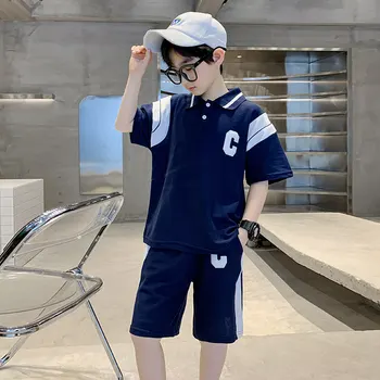 Корейский костюм для маленьких мальчиков, летний детский топ с короткими рукавами + шорты, 2 шт., спортивная повседневная одежда для мальчиков-подростков, комплекты одежды от 2 до 14 лет