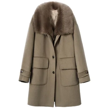 Минималистичное полушерстяное пальто Hwitex с воротником из овечьего меха, женский тренч, пальто на гусином пуху, Длинное шерстяное пальто с поясом HW1201