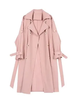 Женский розовый тренч, повседневные длинные куртки, свободное пальто, весна-осень, модная двубортная драпированная ветровка, женская одежда