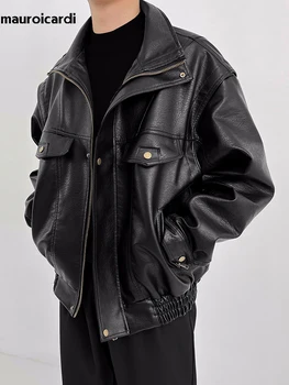 Mauroicardi Весна Осень, Крутая черная куртка-бомбер из искусственной кожи Оверсайз, мужская одежда Унисекс с открытыми плечами и длинным рукавом 2023
