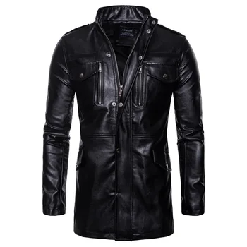 Осенняя новая кожаная куртка средней длины с воротником-стойкой и четырьмя карманами, мотоциклетная кожаная куртка