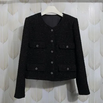 Женские высококачественные черные твидовые куртки с круглым вырезом во французском стиле 2023, весна-осень, C453
