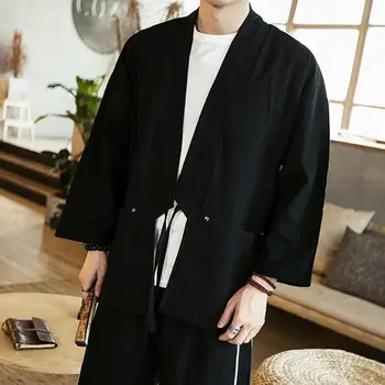 Повседневное пальто-кардиган в этническом стиле Для мужчин, простое повседневное пальто с открытой передней частью, на шнуровке, с длинным рукавом, однотонная верхняя одежда