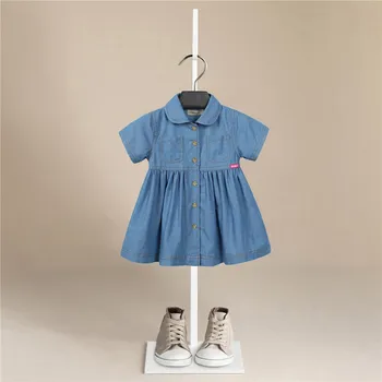 Новое платье Для девочек, Платье Для Малышей, Платье с коротким рукавом Для маленьких девочек, Маленькое Плиссированное Легкое Джинсовое платье на пуговицах, Детская одежда, Детская рубашка от 1 до 11 лет