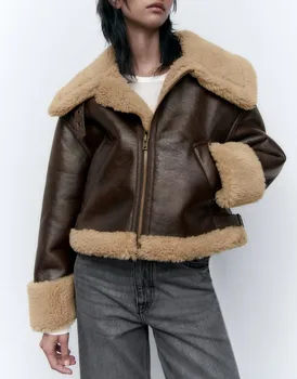 Женская модная зимняя новая теплая шерстяная куртка с длинным рукавом и лацканами, женская двусторонняя шуба из искусственного меха на молнии, женское пальто