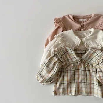 4583B Корейская Рубашка для девочек Хит Продаж 2023 Весна и Осень, Простая Универсальная рубашка для девочек С Матросским Отворотом, Милый Детский Хлопковый топ