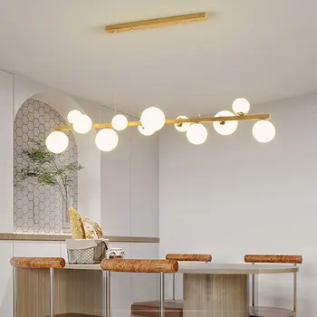 Современная светодиодная люстра из искусственного железа и дерева для столовой, кухонного острова, длинного стола, потолочной подвесной лампы, декоративного освещения