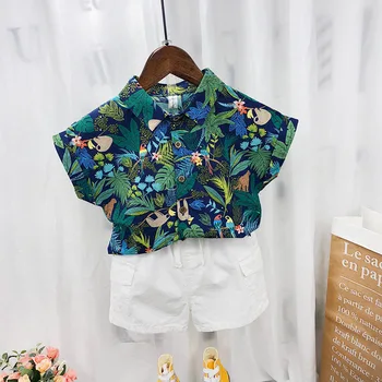 Комплект одежды с цветочным принтом для маленьких мальчиков, летняя рубашка с коротким рукавом, топ + брюки, 2 предмета, праздничная пляжная одежда для детей 2-7 лет, Gentelman