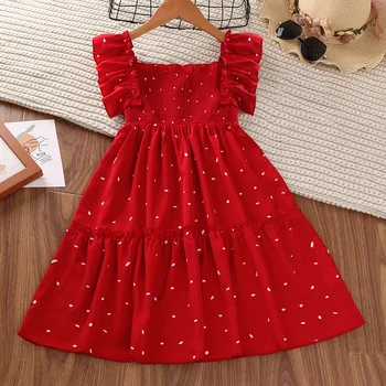 Летнее красное платье для маленьких девочек с коротким рукавом, модное платье для маленьких девочек, платья для девочек в цветочек