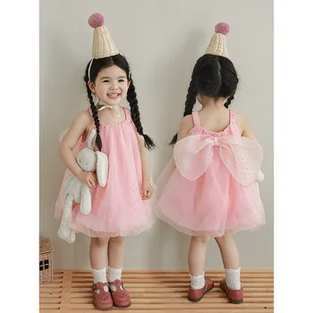 Милое платье с крылышками из пряжи в горошек для девочек, лето 2023, новое детское корейское платье
