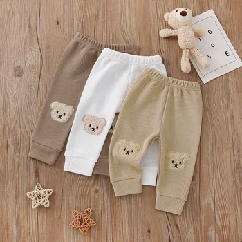 Штаны для маленьких девочек и мальчиков, брюки с эластичной резинкой на талии с аппликацией в виде мультяшного медведя, повседневные штаны из вафельного трикотажа для малышей 0-3 лет