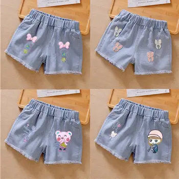 Летние джинсовые шорты для девочек, Детская одежда, хлопковые джинсовые короткие Корейские повседневные штаны для малышей с мультяшным кроликом и медведем для маленьких девочек