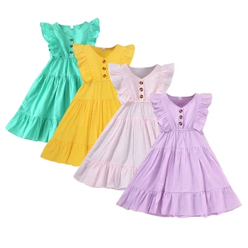 FOCUSNORM/ Милое Летнее платье для девочек от 0 до 5 лет, 4 Цвета, Однотонное Платье Принцессы Трапециевидной формы с рукавами и оборками