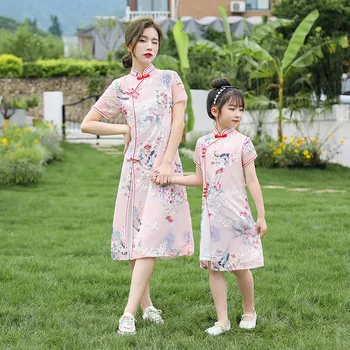 Подходящее платье для мамы и дочки, летние платья с цветочным принтом в китайском стиле, платье для мамы, детское платье для девочек, семейная одежда