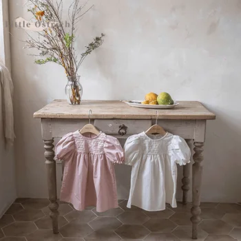Хлопковое кружевное платье для новорожденных девочек с рюшами, для малышей, с короткими пышными рукавами, однотонное платье трапециевидной формы, одежда для малышей от 9 до 3 лет