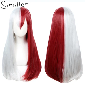 Имитирующие синтетические аниме-парики для косплея для женщин с длинными термостойкими прямыми волосами, бело-красный парик с челкой