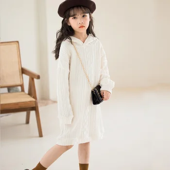 Осенне-зимнее однотонное платье-свитер для больших девочек, детская одежда длиной до колен, повседневные трикотажные платья с капюшоном