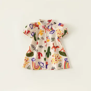 Милое платье-рубашка с принтом для девочки, отложной воротник, свободные платья трапециевидной формы, модная детская летняя одежда, повседневная одежда для детей 2-8 лет
