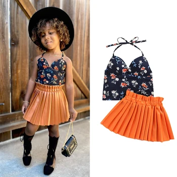 Модные комплекты одежды для маленьких девочек FOCUSNORM из 2 предметов от 1 до 6 лет с цветочным принтом, жилет без рукавов на шнуровке + плиссированные юбки из искусственной кожи