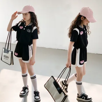 Летняя одежда для корейских девочек, подростковая одежда, черные рубашки, шорты, комплект стильной спортивной одежды из двух предметов на 8 10 12 лет