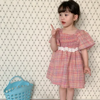 Корейская детская одежда для девочек, летняя одежда 2023, Новое Модное платье с квадратным вырезом и коротким рукавом, Модное милое платье принцессы