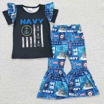 Оптовая продажа, Голубая рубашка с короткими рукавами и оборками для маленьких девочек, Футболка с флагом, расклешенные брюки, Весенне-осенний комплект одежды для маленьких детей