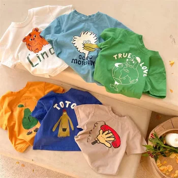 Детская футболка Лето 2023, топы для мальчиков, рубашки для девочек с короткими рукавами, детская блузка с героями мультфильмов, детские футболки, верхняя одежда для малышей