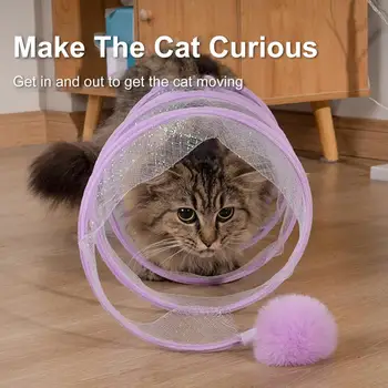 Сложенный туннель для кошек с перьями, игрушки для кошек и котят В помещении, забавный S-образный складной туннель для игр с домашними животными