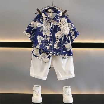 Модный детский топ с короткими рукавами и принтом, костюм для мальчиков от 2 до 10 лет, детская летняя тонкая рубашка из ледяного шелка + шорты, комплект из двух предметов