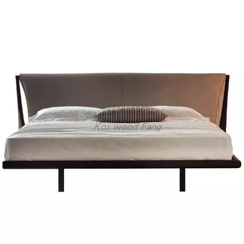 Кровать из скандинавского черного орехового дуба, современная простая мебель для главной спальни, кожаная свадебная кровать с мягкой спинкой из массива дерева
