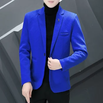 Мужская куртка, весенне-осенний повседневный однотонный костюм, однотонное пальто, высококачественное Корейское приталенное синее платье с тиснением, блейзеры, мужская одежда белого цвета