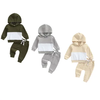 Новый детский брючный костюм в стиле пэчворк, толстовка с капюшоном и длинными рукавами, однотонные брюки с карманами