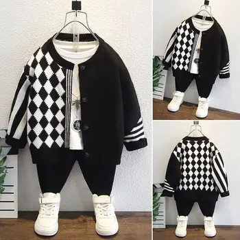 Осень 2023, новый модный вязаный кардиган в корейском стиле, клетчатый свитер, куртка, топы для мальчиков, детская одежда с длинными рукавами F81