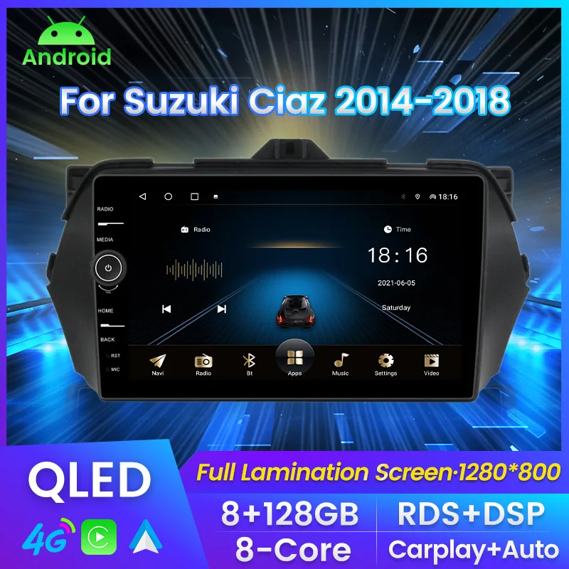 Автомобильный Стерео GPS Навигационный Мультимедийный Плеер Для Suzuki Alivio Ciaz 2014 2016-2018 Android USB Авторадио QLED Экран Головного Устройства Изображение 1